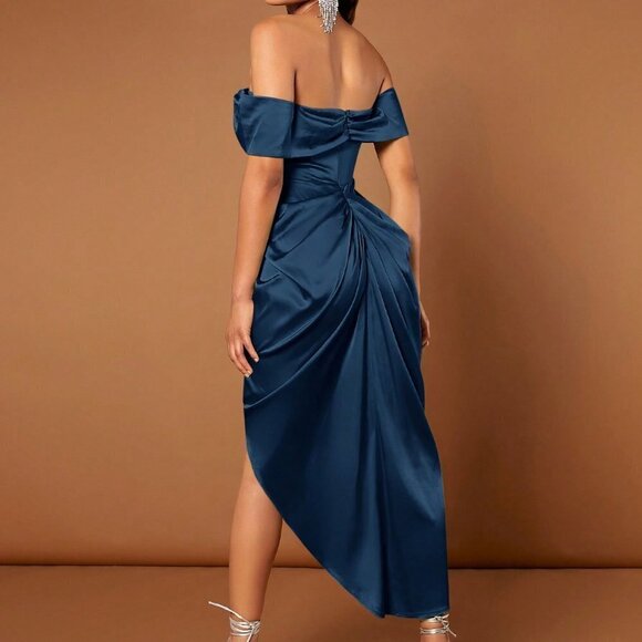 Blue Preppy Womens Off Shoulder Ruched Draped Asymmetrical Hem Dress - Picture 2 of 5